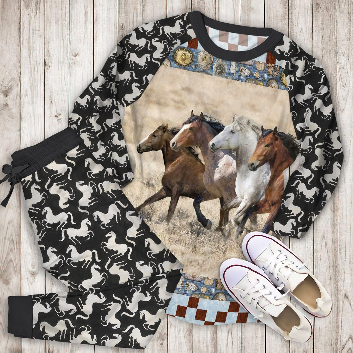 Wild Horses Pajama Set | Pajamas | Cotton Sleepwear Sets | Soft Long Sleeve Pjs | Raglan Shirt and Pants Set