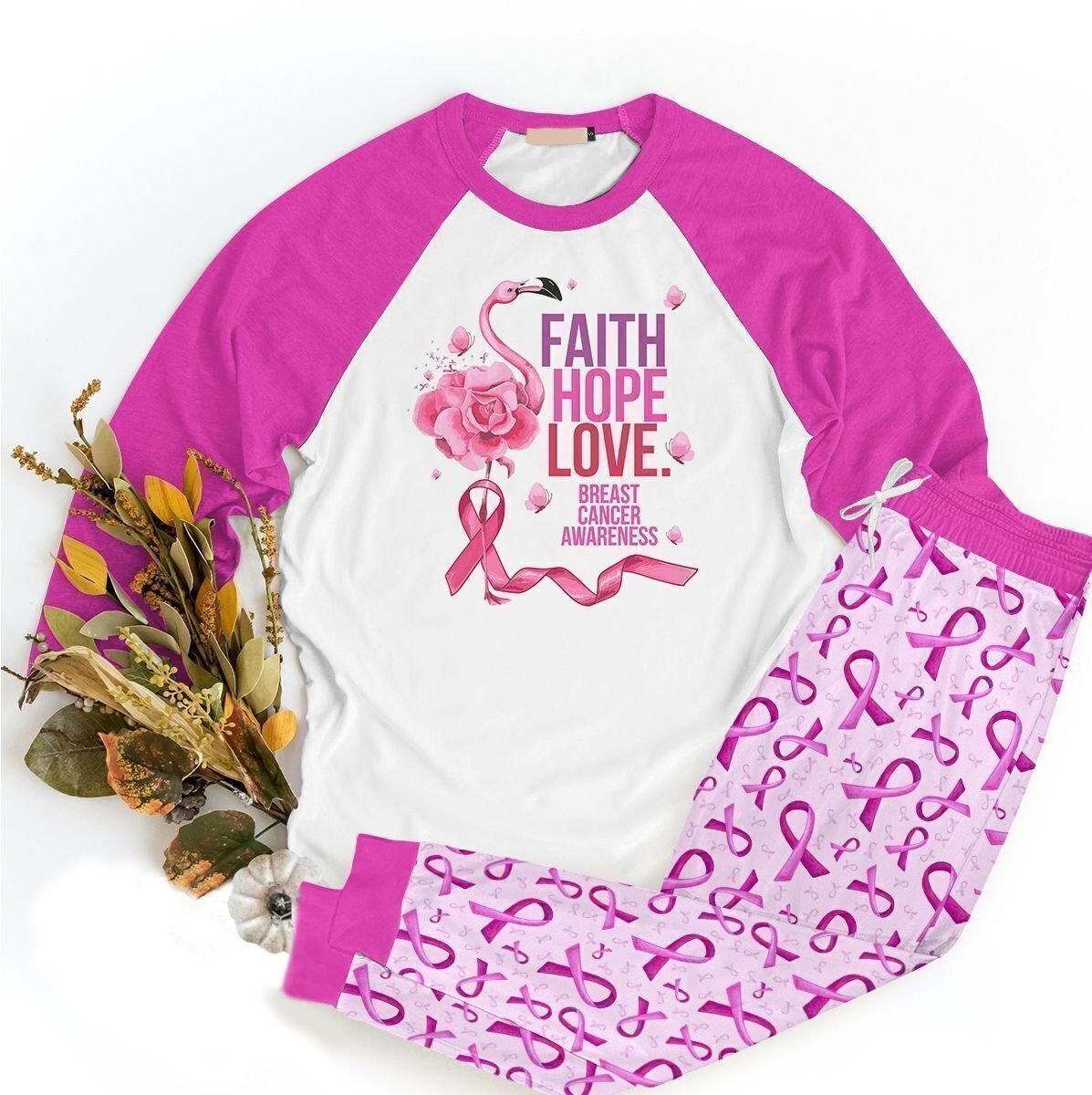 Breast Cancer Faith Hope Love Acd Pajama Set |Sleepwear Pjs Sets | Raglan Shirt Pants Set