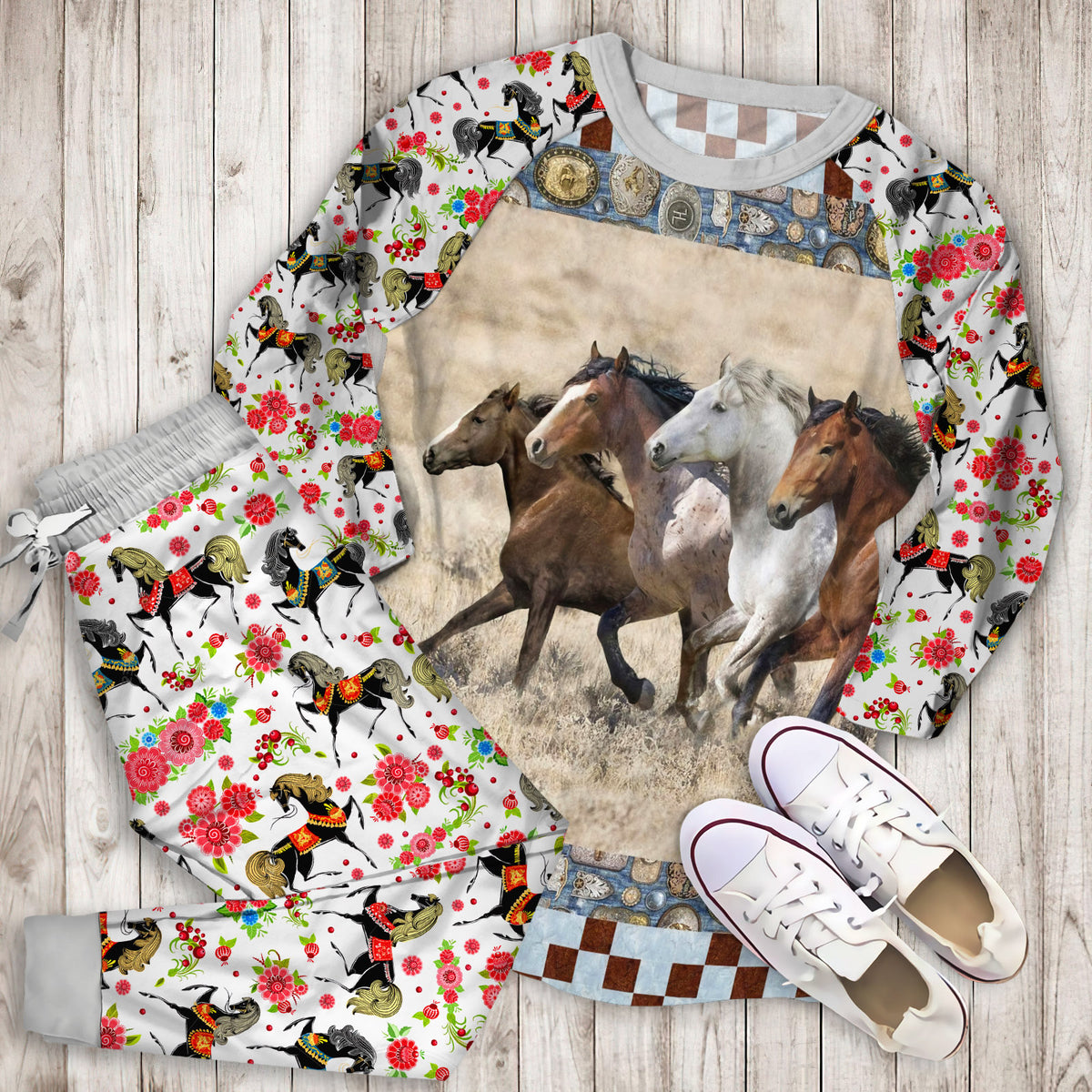 Wild Horses Pajama Set | Pajamas | Cotton Sleepwear Sets | Soft Long Sleeve Pjs | Raglan Shirt and Pants Set