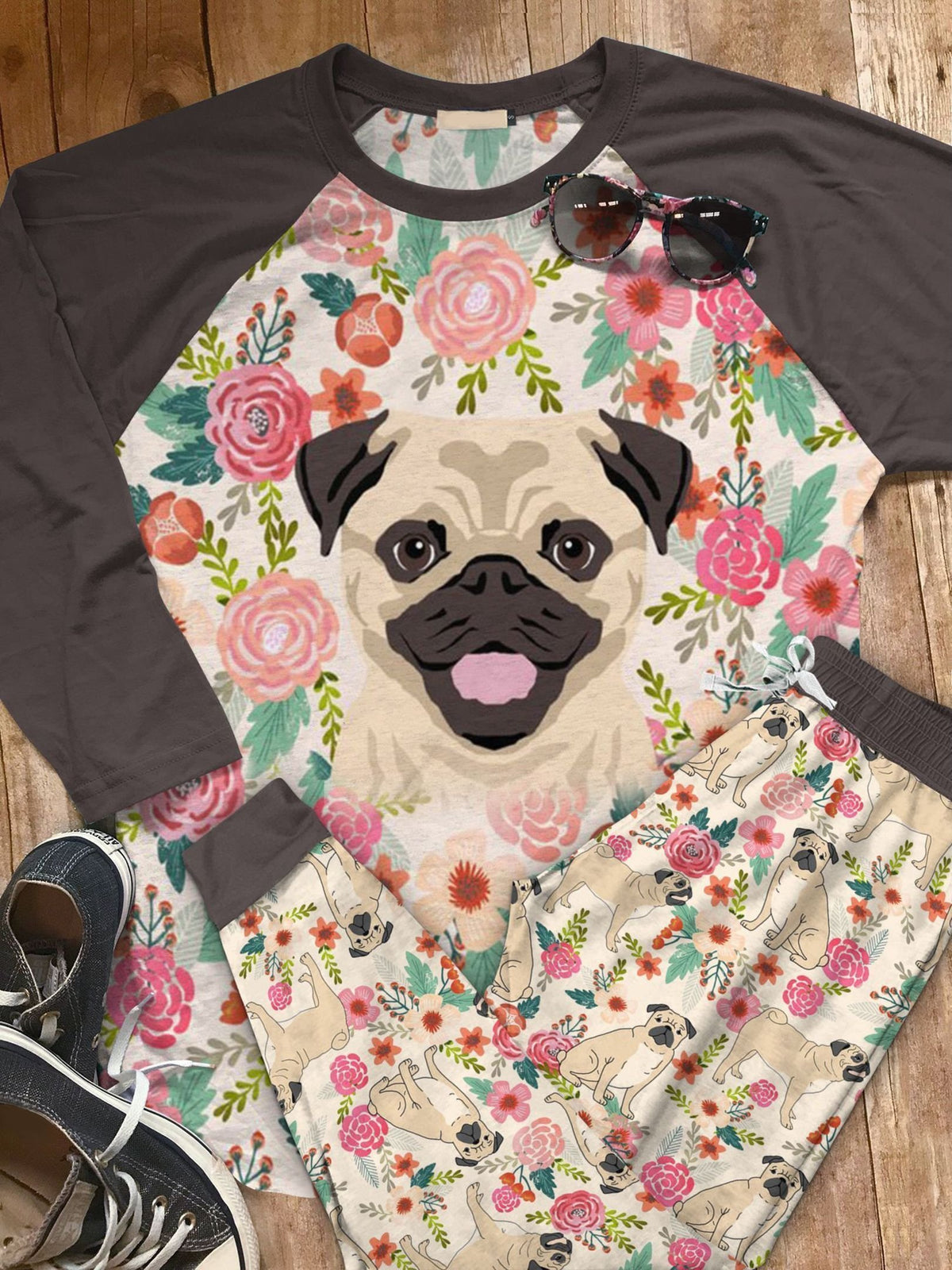 Pug Pretty Puggy Abj Pajama Set |Sleepwear Pjs Sets | Raglan Shirt Pants Set