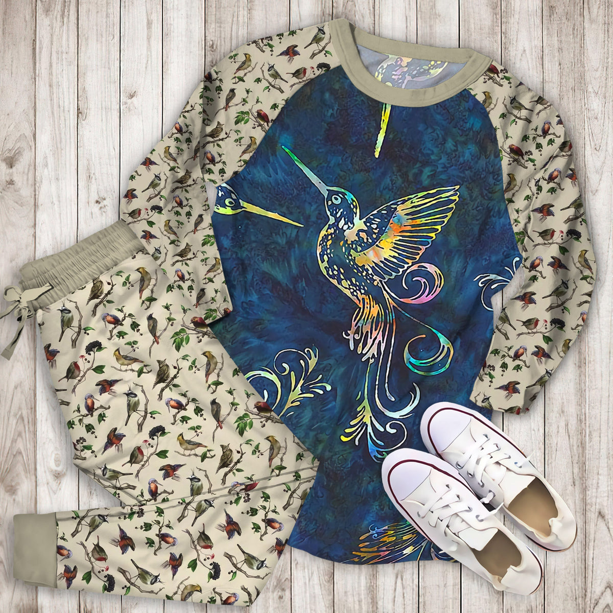 Hummingbird Pajama Set | Pajamas | Cotton Sleepwear Sets | Soft Long Sleeve Pjs | Raglan Shirt and Pants Set