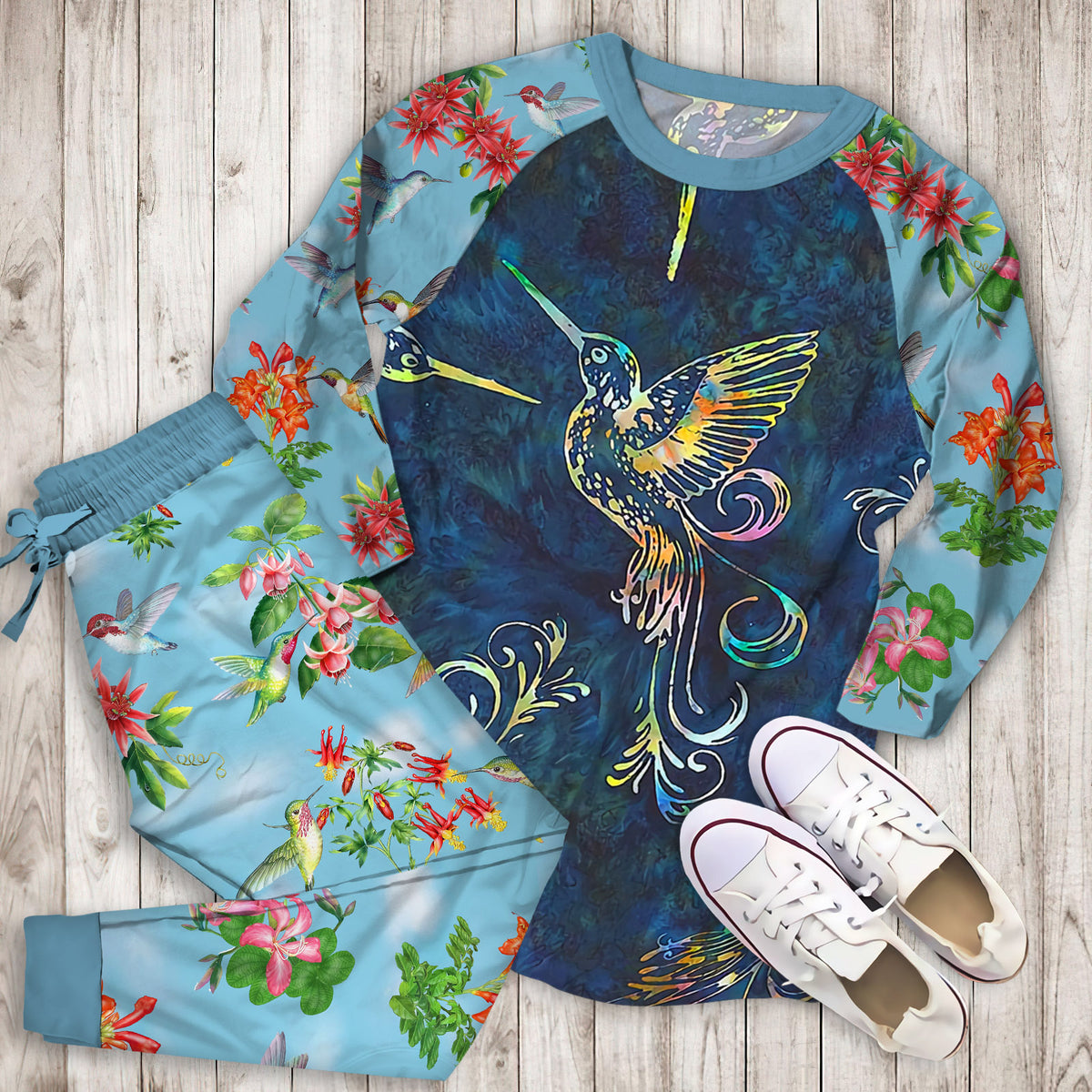 Hummingbird Pajama Set | Pajamas | Cotton Sleepwear Sets | Soft Long Sleeve Pjs | Raglan Shirt and Pants Set
