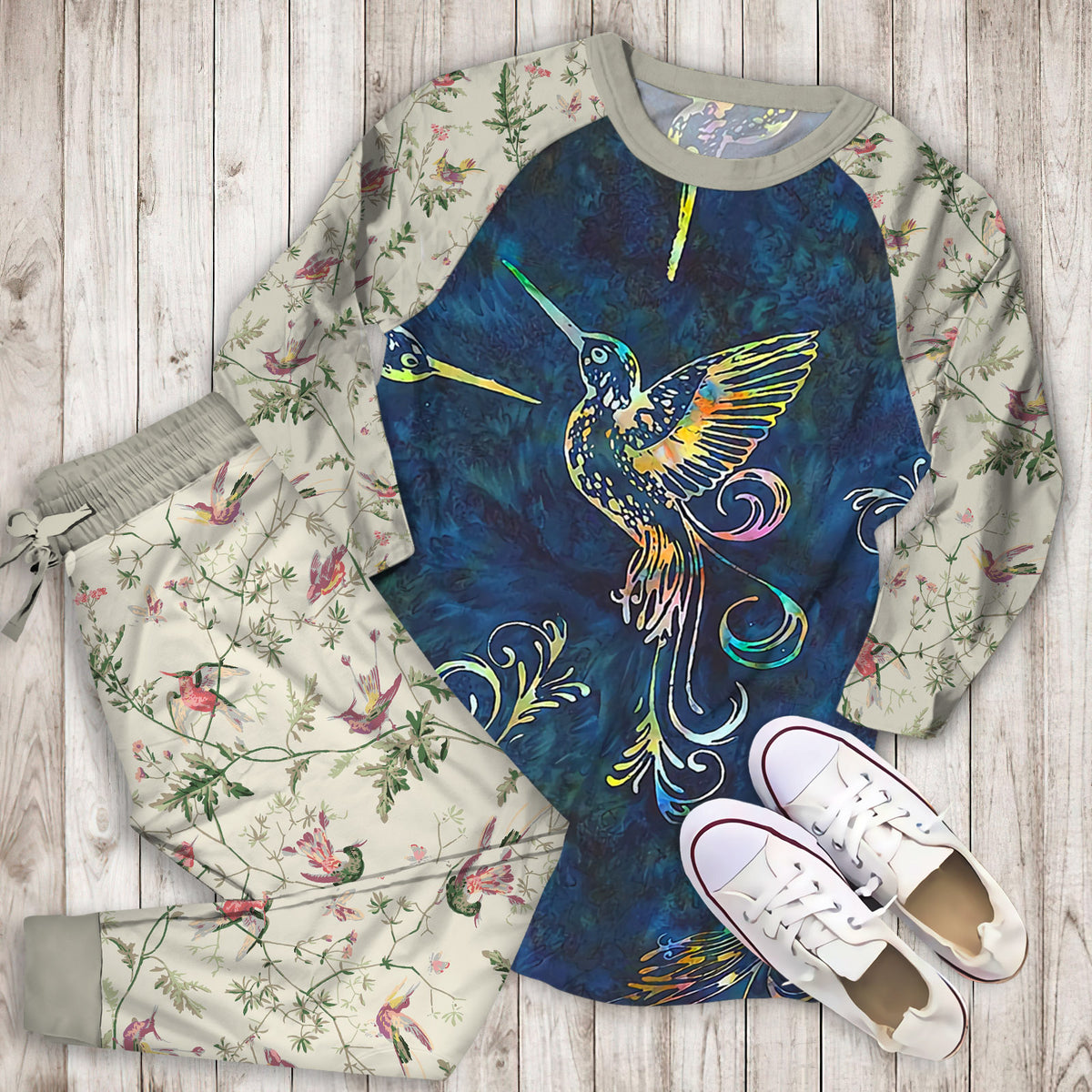 Hummingbird Pajama Set | Pajamas | Cotton Sleepwear Sets | Soft Long Sleeve Pjs | Raglan Shirt and Pants Set