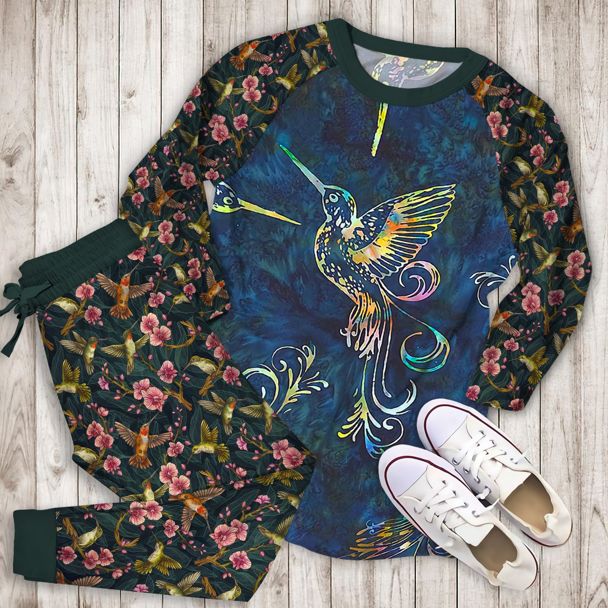 Hummingbird Pajama Set | Pajamas | Cotton Sleepwear Sets | Soft Long Sleeve Pjs | Raglan Shirt and Pants Set