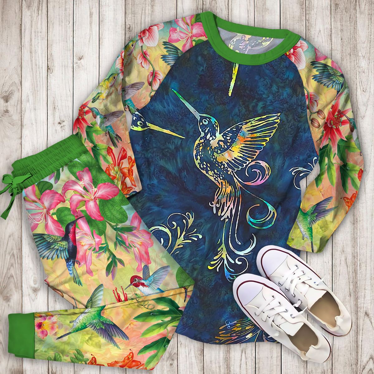 Hummingbird Pajama Set | Pajamas | Cotton Sleepwear Sets | Soft Long Sleeve Pjs | Raglan Shirt and Pants Set
