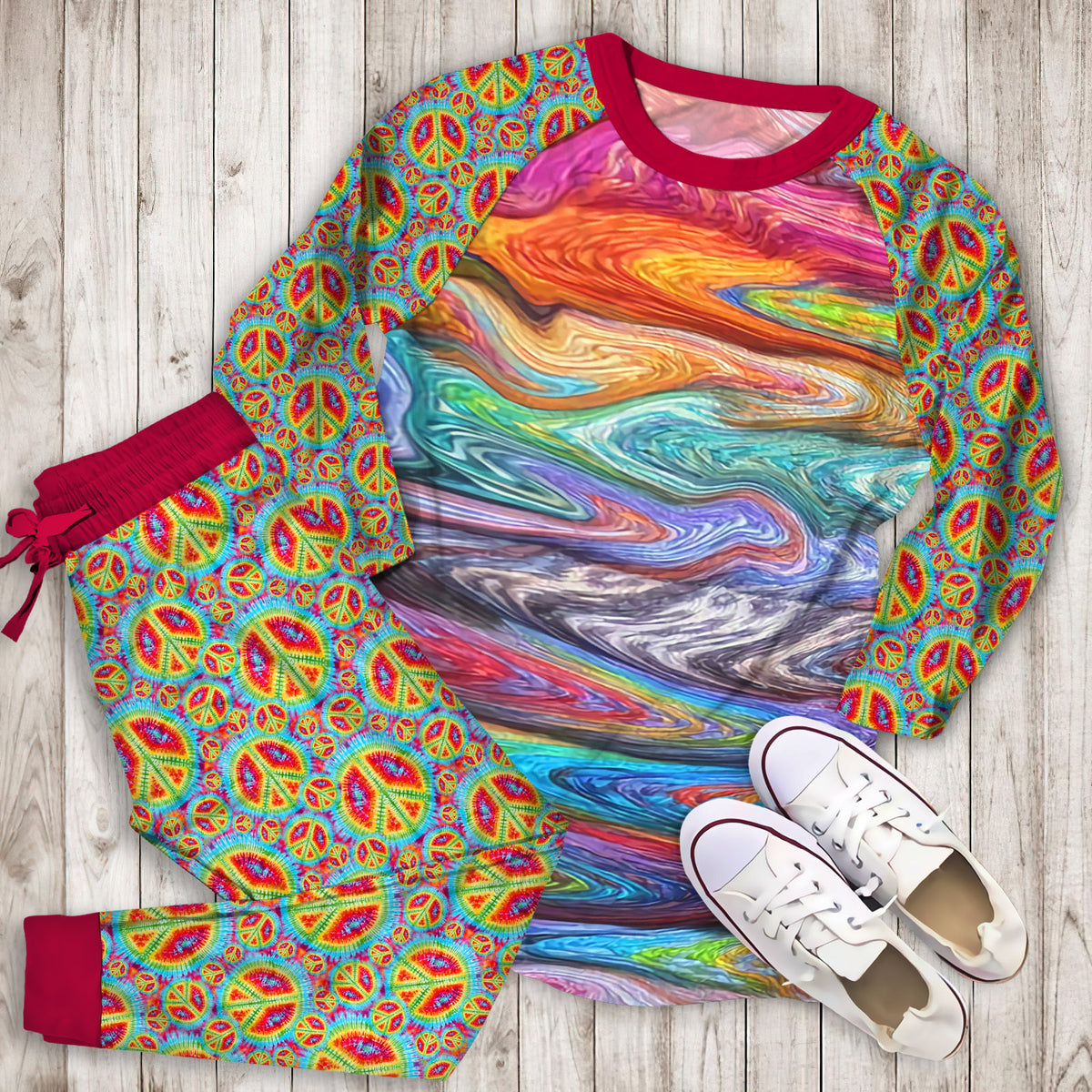 Hippie Swirls Pajama Set | Pajamas | Cotton Sleepwear Sets | Soft Long Sleeve Pjs | Raglan Shirt and Pants Set