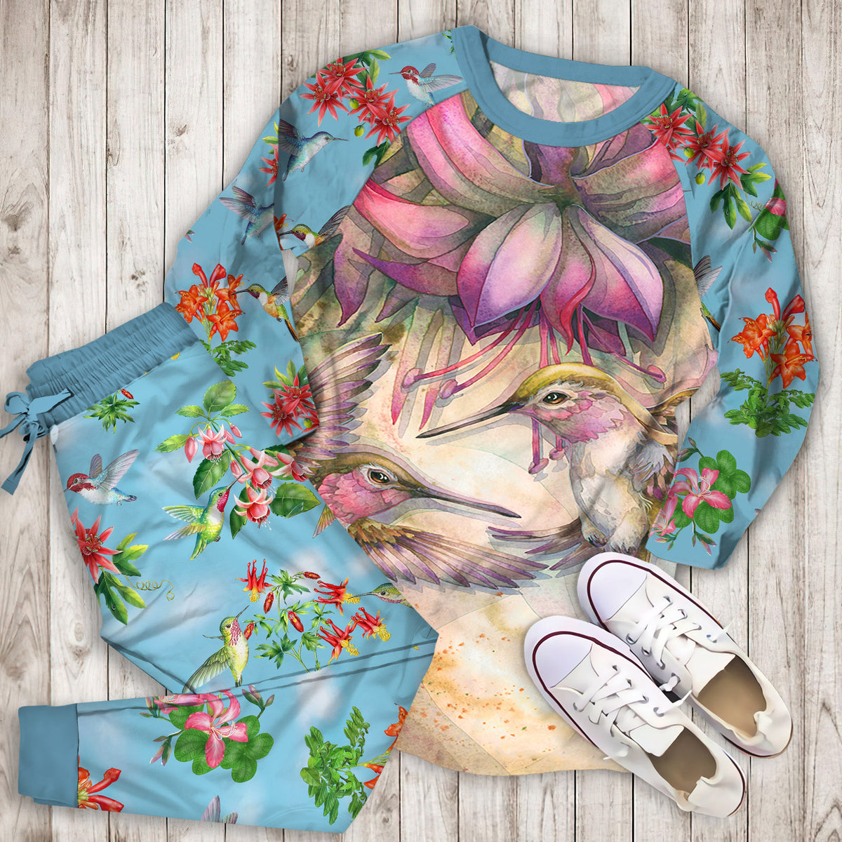 Hummingbird And Purple Fuchsia Pajama Set |Sleepwear Pjs Sets | Raglan Shirt Pants Set