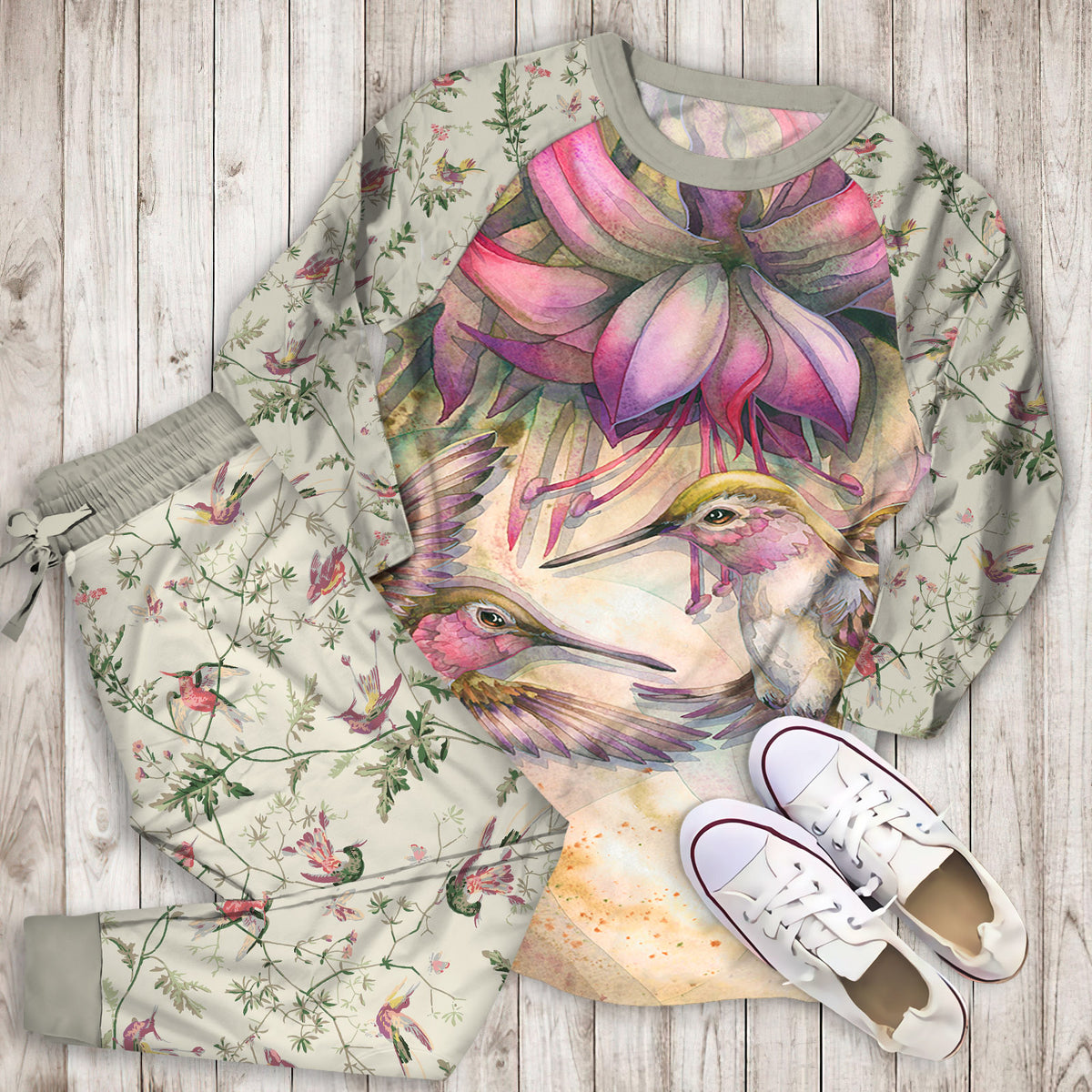 Hummingbird And Purple Fuchsia Pajama Set |Sleepwear Pjs Sets | Raglan Shirt Pants Set