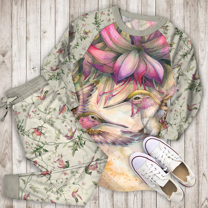 Hummingbird And Purple Fuchsia Pajama Set |Sleepwear Pjs Sets | Raglan Shirt Pants Set