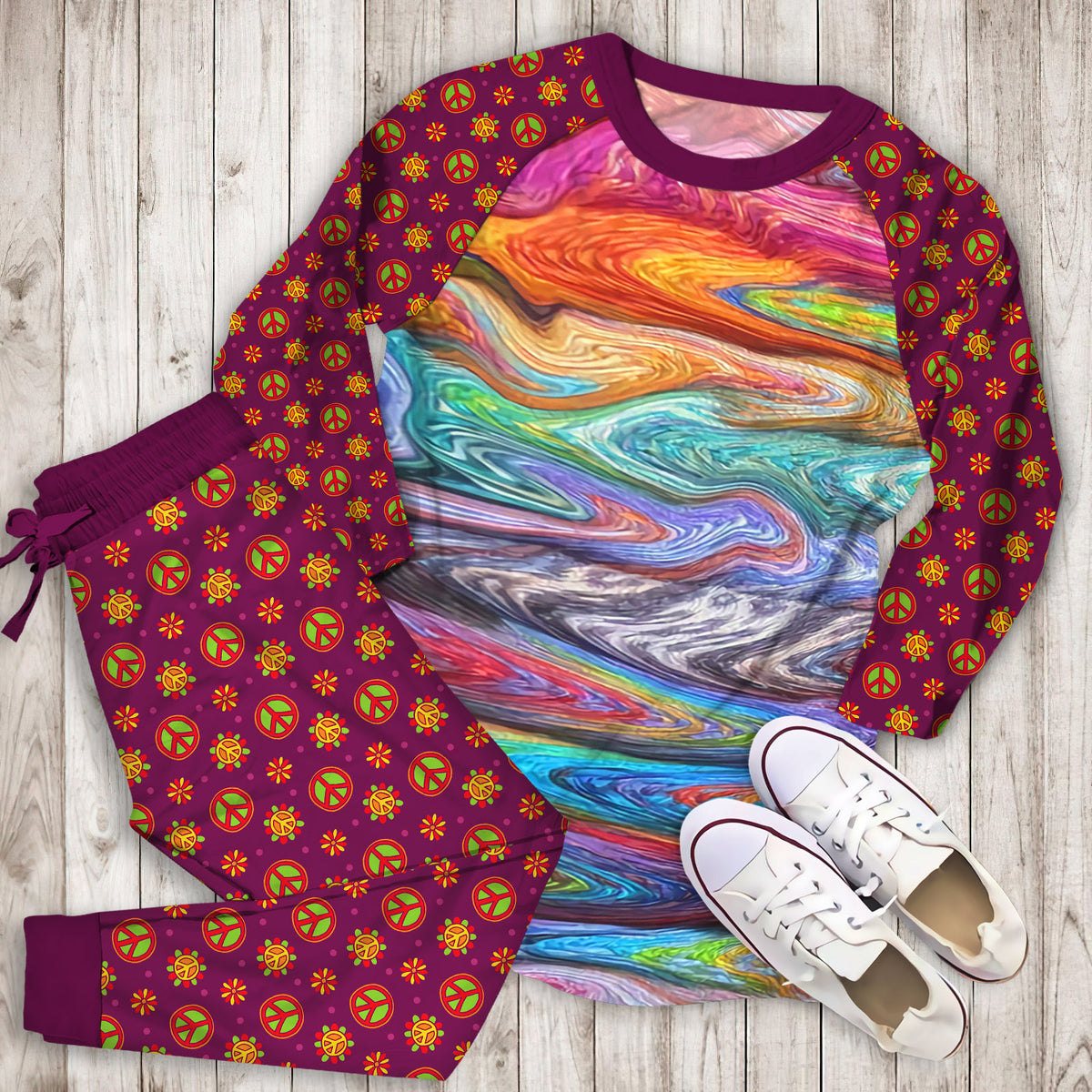 Hippie Swirls Pajama Set | Pajamas | Cotton Sleepwear Sets | Soft Long Sleeve Pjs | Raglan Shirt and Pants Set