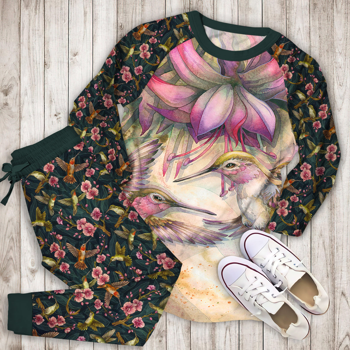 Hummingbird And Purple Fuchsia Pajama Set |Sleepwear Pjs Sets | Raglan Shirt Pants Set