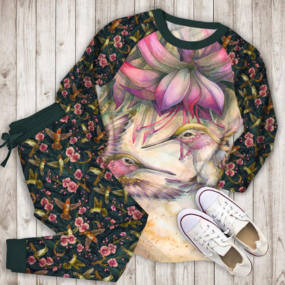 Hummingbird And Purple Fuchsia Pajama Set |Sleepwear Pjs Sets | Raglan Shirt Pants Set