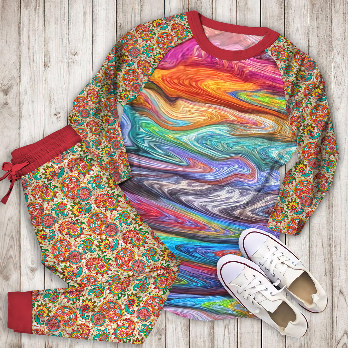 Hippie Swirls Pajama Set | Pajamas | Cotton Sleepwear Sets | Soft Long Sleeve Pjs | Raglan Shirt and Pants Set