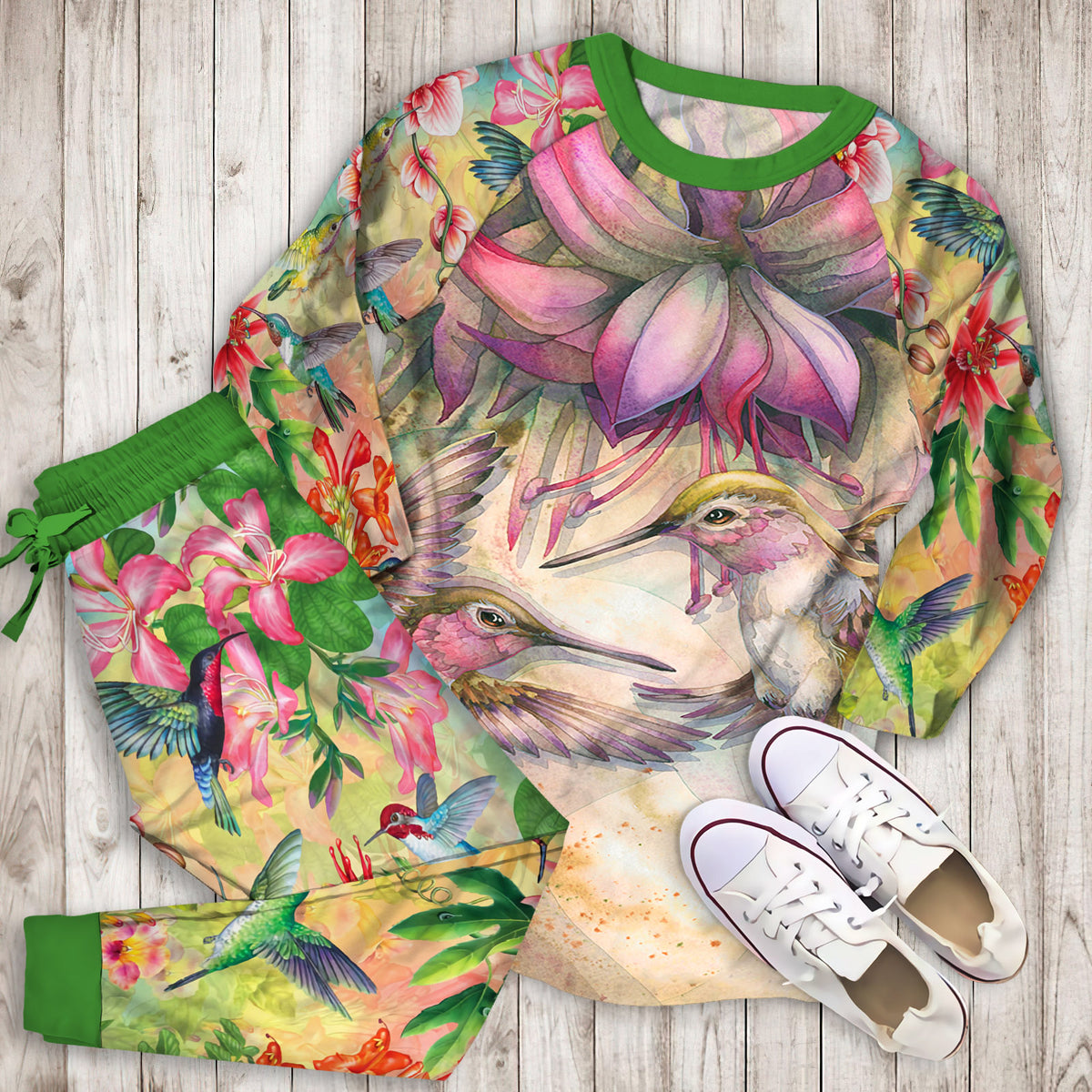 Hummingbird And Purple Fuchsia Pajama Set |Sleepwear Pjs Sets | Raglan Shirt Pants Set