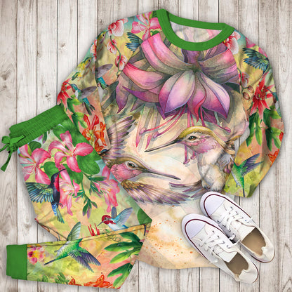 Hummingbird And Purple Fuchsia Pajama Set |Sleepwear Pjs Sets | Raglan Shirt Pants Set