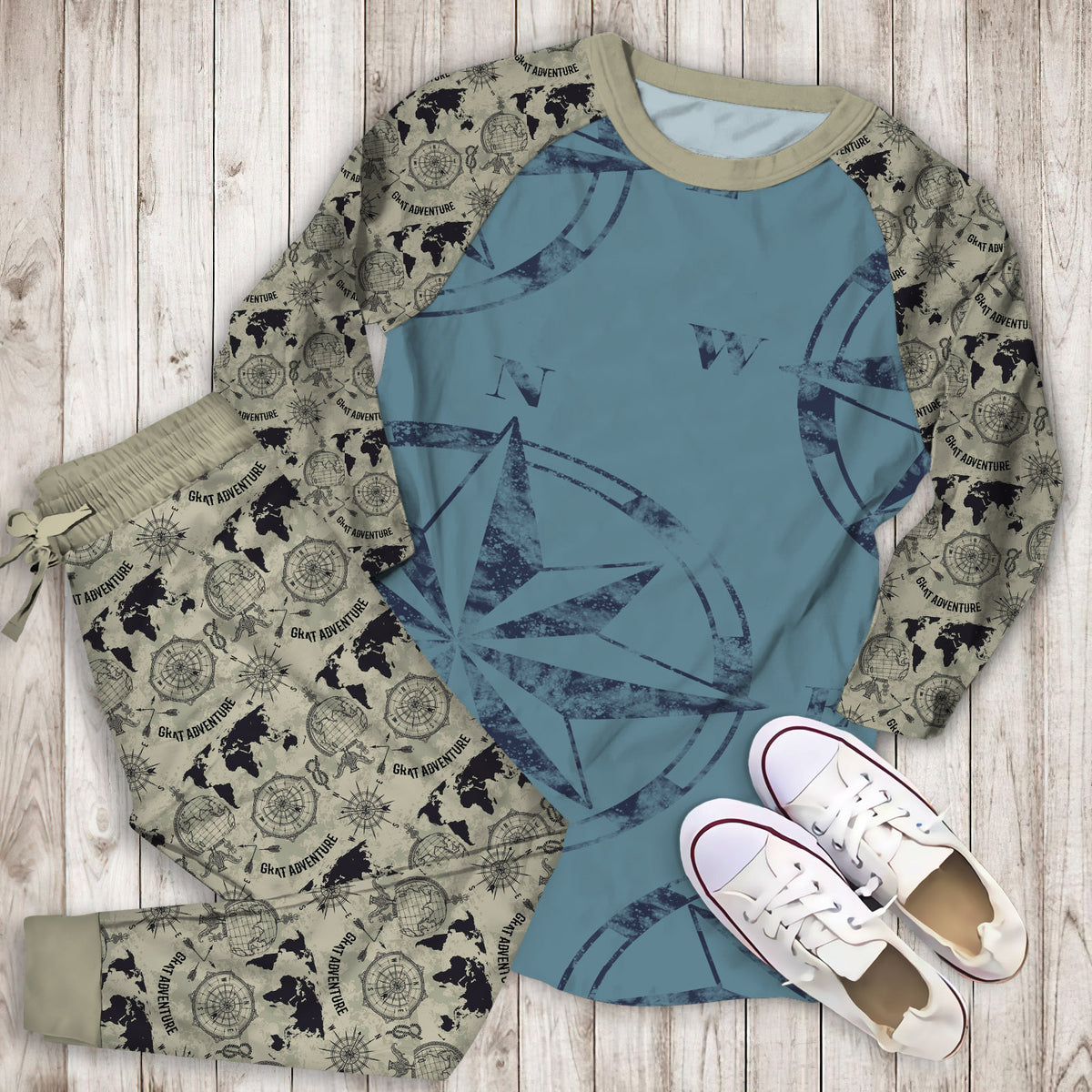 Blue Compass Rose Pajama Set | Pajamas | Cotton Sleepwear Sets | Soft Long Sleeve Pjs | Raglan Shirt and Pants Set