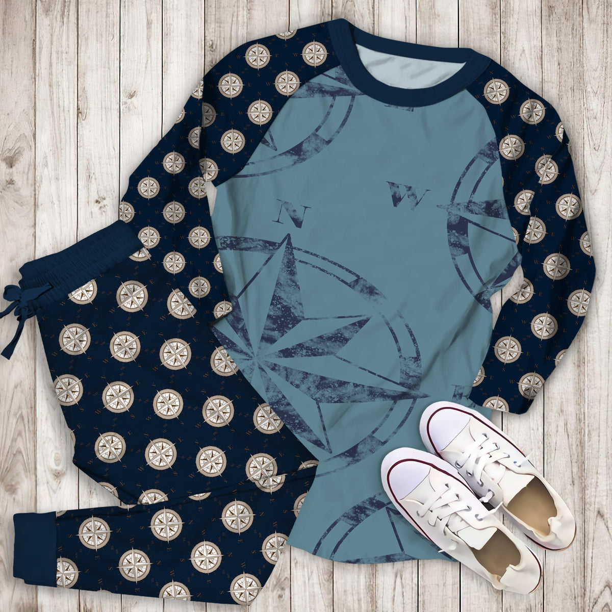 Blue Compass Rose Pajama Set | Pajamas | Cotton Sleepwear Sets | Soft Long Sleeve Pjs | Raglan Shirt and Pants Set