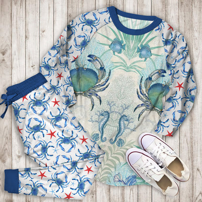 Blue Crab Pajama Set |Sleepwear Pjs Sets | Raglan Shirt Pants Set