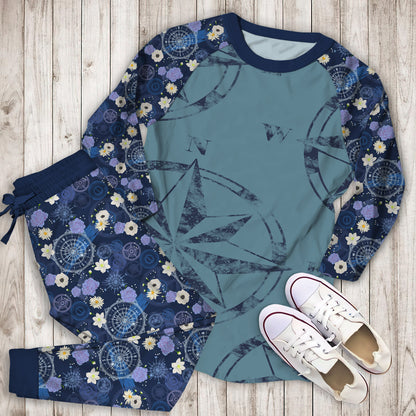 Blue Compass Rose Pajama Set | Pajamas | Cotton Sleepwear Sets | Soft Long Sleeve Pjs | Raglan Shirt and Pants Set