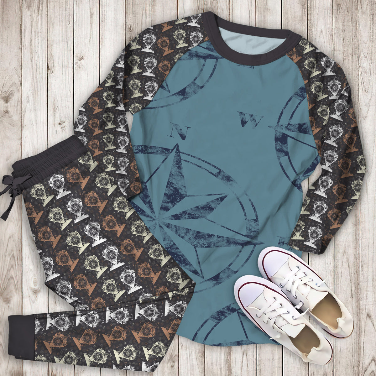 Blue Compass Rose Pajama Set | Pajamas | Cotton Sleepwear Sets | Soft Long Sleeve Pjs | Raglan Shirt and Pants Set
