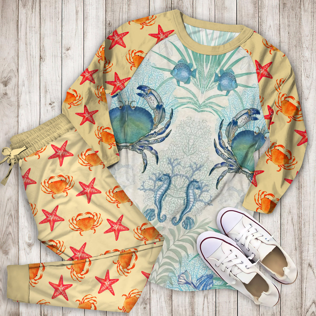 Blue Crab Pajama Set |Sleepwear Pjs Sets | Raglan Shirt Pants Set