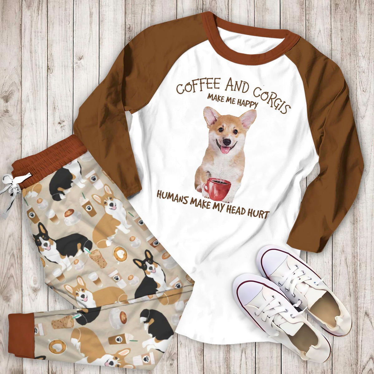 Corgi And Coffee Aav Pajama Set |Sleepwear Pjs Sets | Raglan Shirt Pants Set