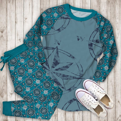 Blue Compass Rose Pajama Set | Pajamas | Cotton Sleepwear Sets | Soft Long Sleeve Pjs | Raglan Shirt and Pants Set