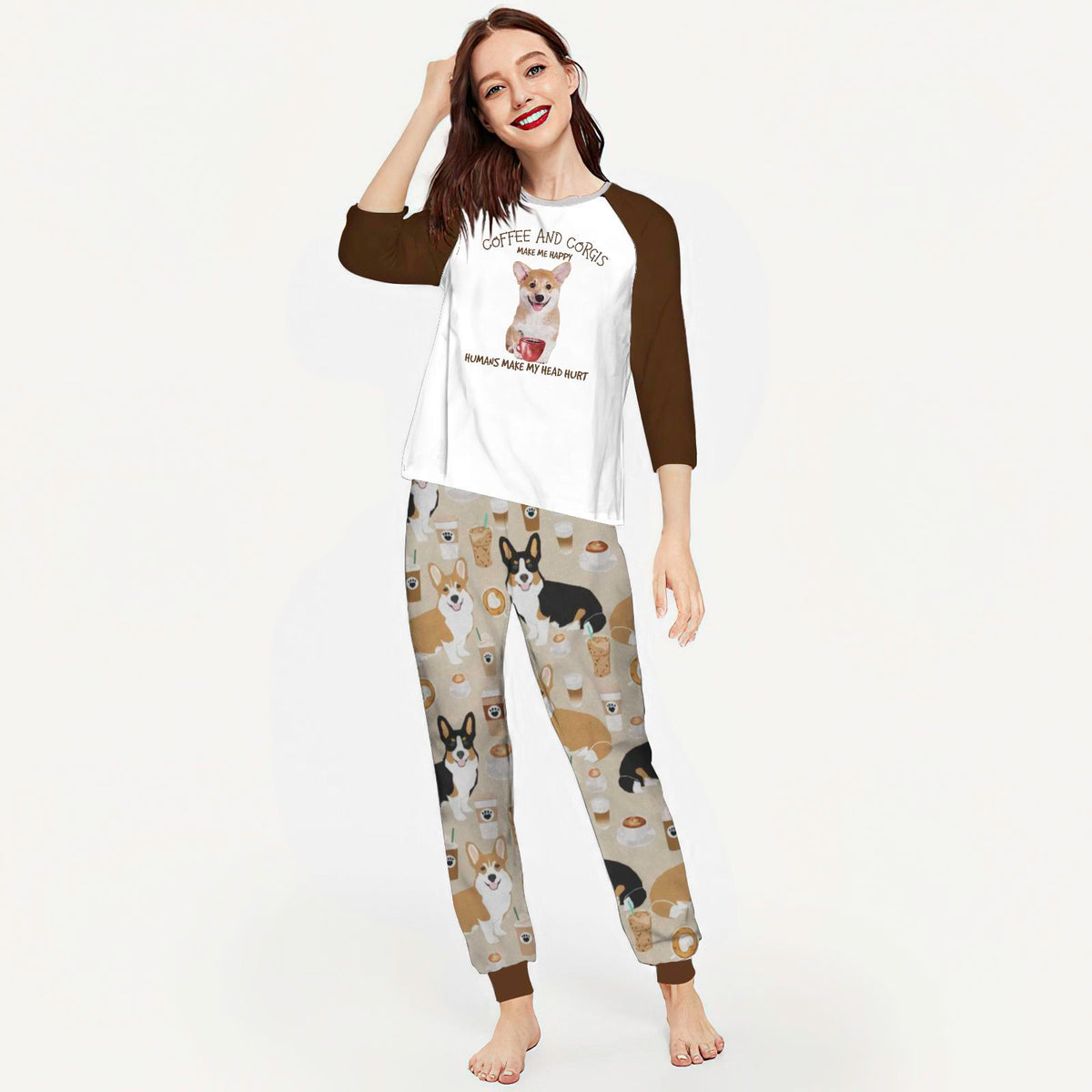 Corgi And Coffee Aav Pajama Set |Sleepwear Pjs Sets | Raglan Shirt Pants Set