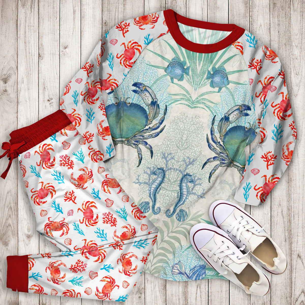 Blue Crab Pajama Set |Sleepwear Pjs Sets | Raglan Shirt Pants Set