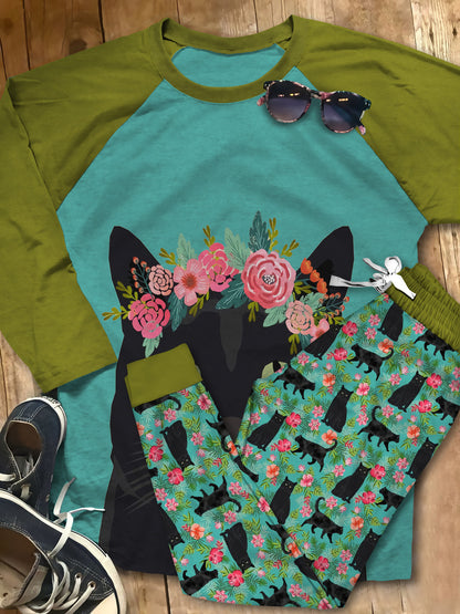Cat Black Cat And Flower Aar Pajama Set |Sleepwear Pjs Sets | Raglan Shirt Pants Set