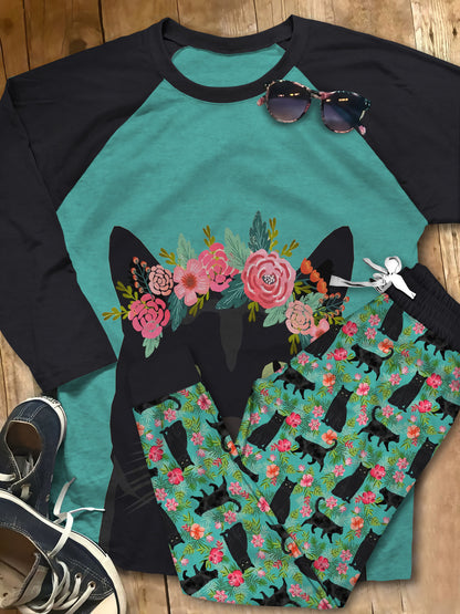 Cat Black Cat And Flower Aar Pajama Set |Sleepwear Pjs Sets | Raglan Shirt Pants Set