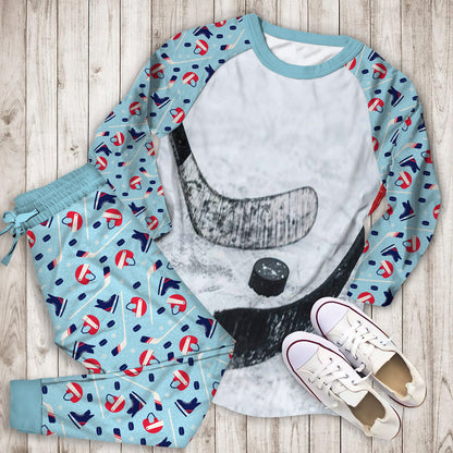 Hockey Pajama Set | Pajamas | Cotton Sleepwear Sets | Soft Long Sleeve Pjs | Raglan Shirt and Pants Set