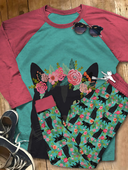Cat Black Cat And Flower Aar Pajama Set |Sleepwear Pjs Sets | Raglan Shirt Pants Set