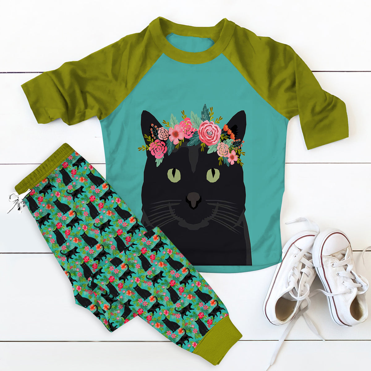 Cat Black Cat And Flower Aar Pajama Set |Sleepwear Pjs Sets | Raglan Shirt Pants Set