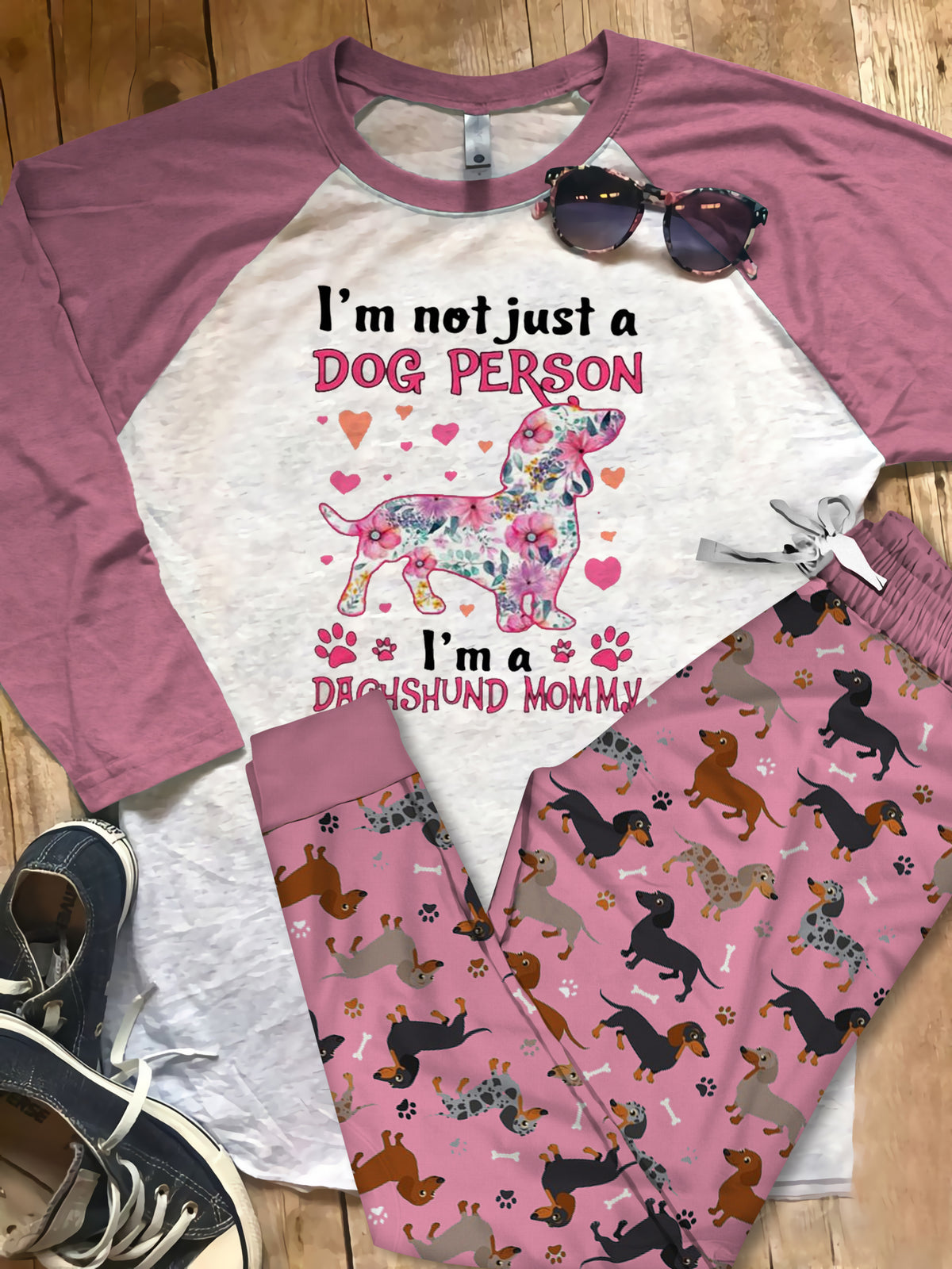 Dachshund Dachshund Mommy Aaw Pajama Set |Sleepwear Pjs Sets | Raglan Shirt Pants Set