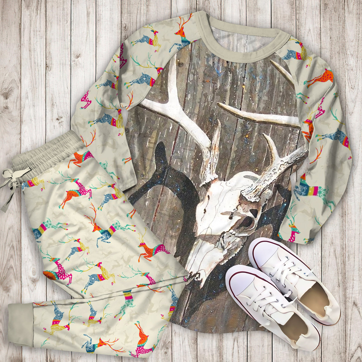 Deer Pajama Set | Pajamas | Cotton Sleepwear Sets | Soft Long Sleeve Pjs | Raglan Shirt and Pants Set