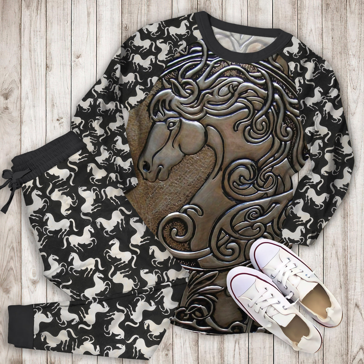 Horse Pajama Set | Pajamas | Cotton Sleepwear Sets | Soft Long Sleeve Pjs | Raglan Shirt and Pants Set