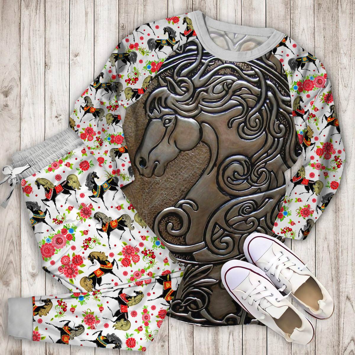 Horse Pajama Set | Pajamas | Cotton Sleepwear Sets | Soft Long Sleeve Pjs | Raglan Shirt and Pants Set
