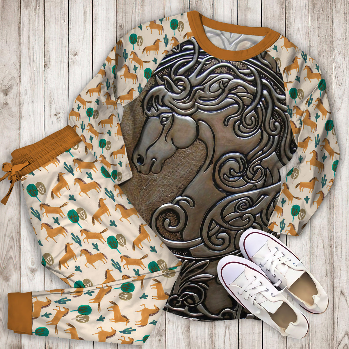 Horse Pajama Set | Pajamas | Cotton Sleepwear Sets | Soft Long Sleeve Pjs | Raglan Shirt and Pants Set