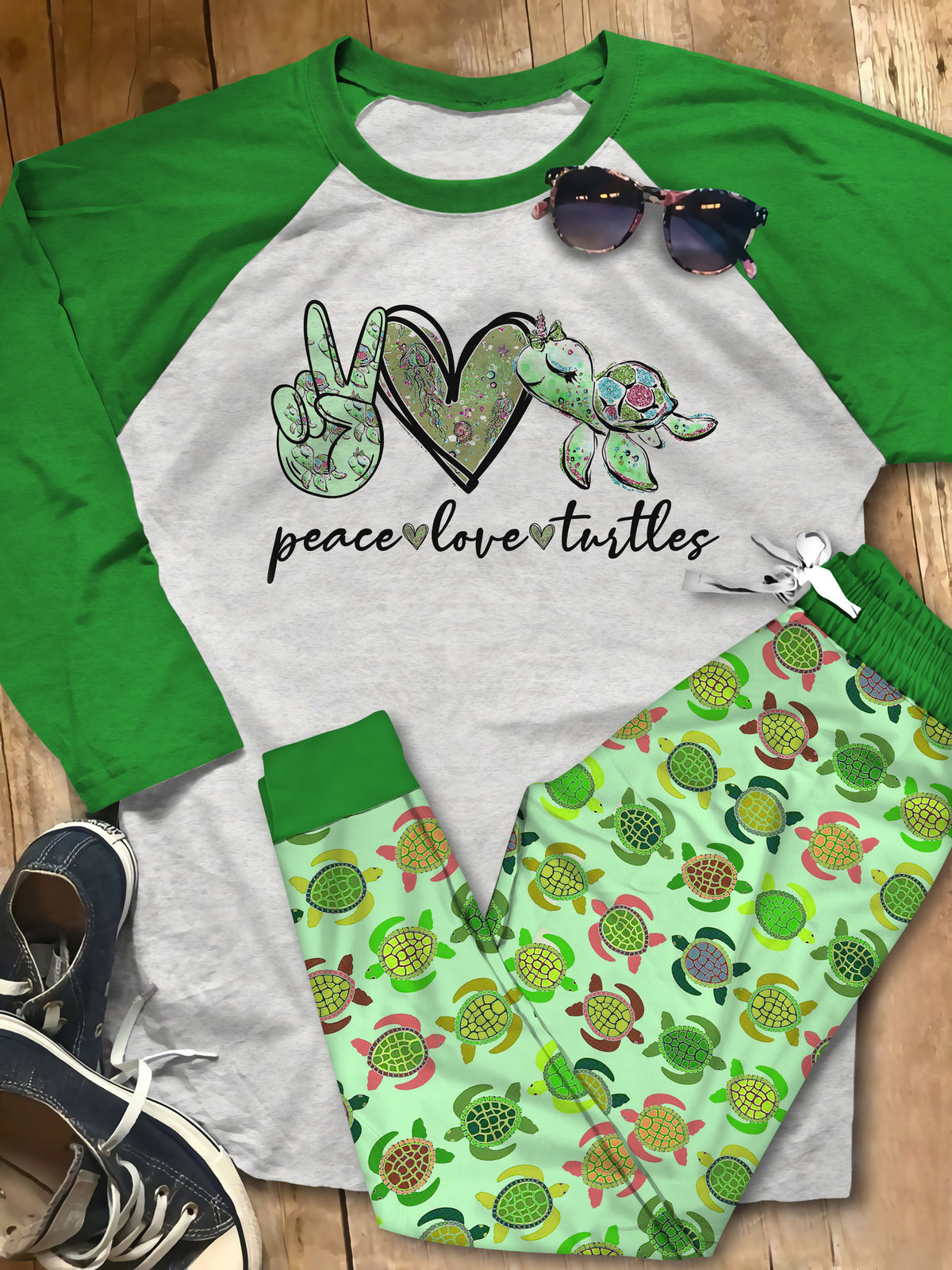 Turtle Peace Love Turtles Abn Pajama Set |Sleepwear Pjs Sets | Raglan Shirt Pants Set