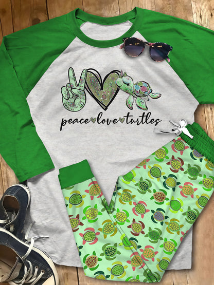 Turtle Peace Love Turtles Abn Pajama Set |Sleepwear Pjs Sets | Raglan Shirt Pants Set