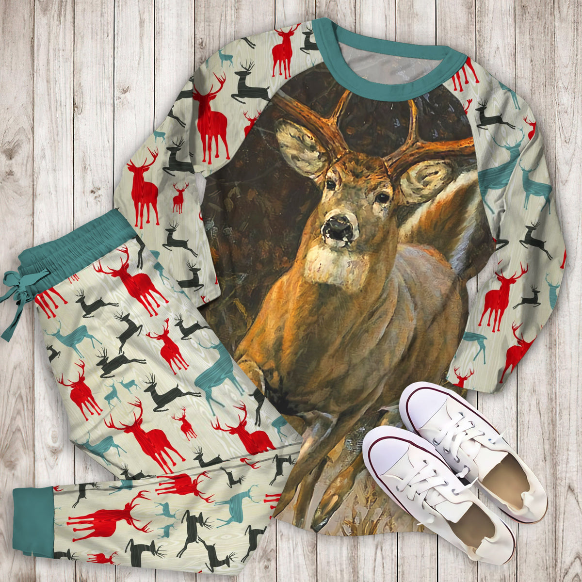 Deer Pajama Set | Pajamas | Cotton Sleepwear Sets | Soft Long Sleeve Pjs | Raglan Shirt and Pants Set