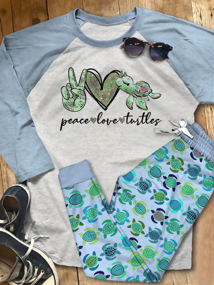 Turtle Peace Love Turtles Abn Pajama Set |Sleepwear Pjs Sets | Raglan Shirt Pants Set