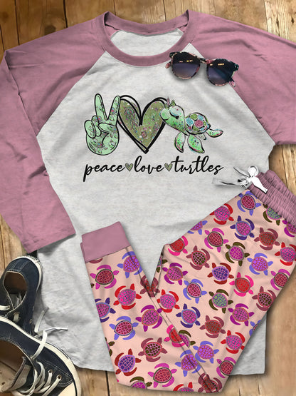 Turtle Peace Love Turtles Abn Pajama Set |Sleepwear Pjs Sets | Raglan Shirt Pants Set