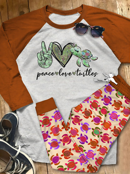 Turtle Peace Love Turtles Abn Pajama Set |Sleepwear Pjs Sets | Raglan Shirt Pants Set
