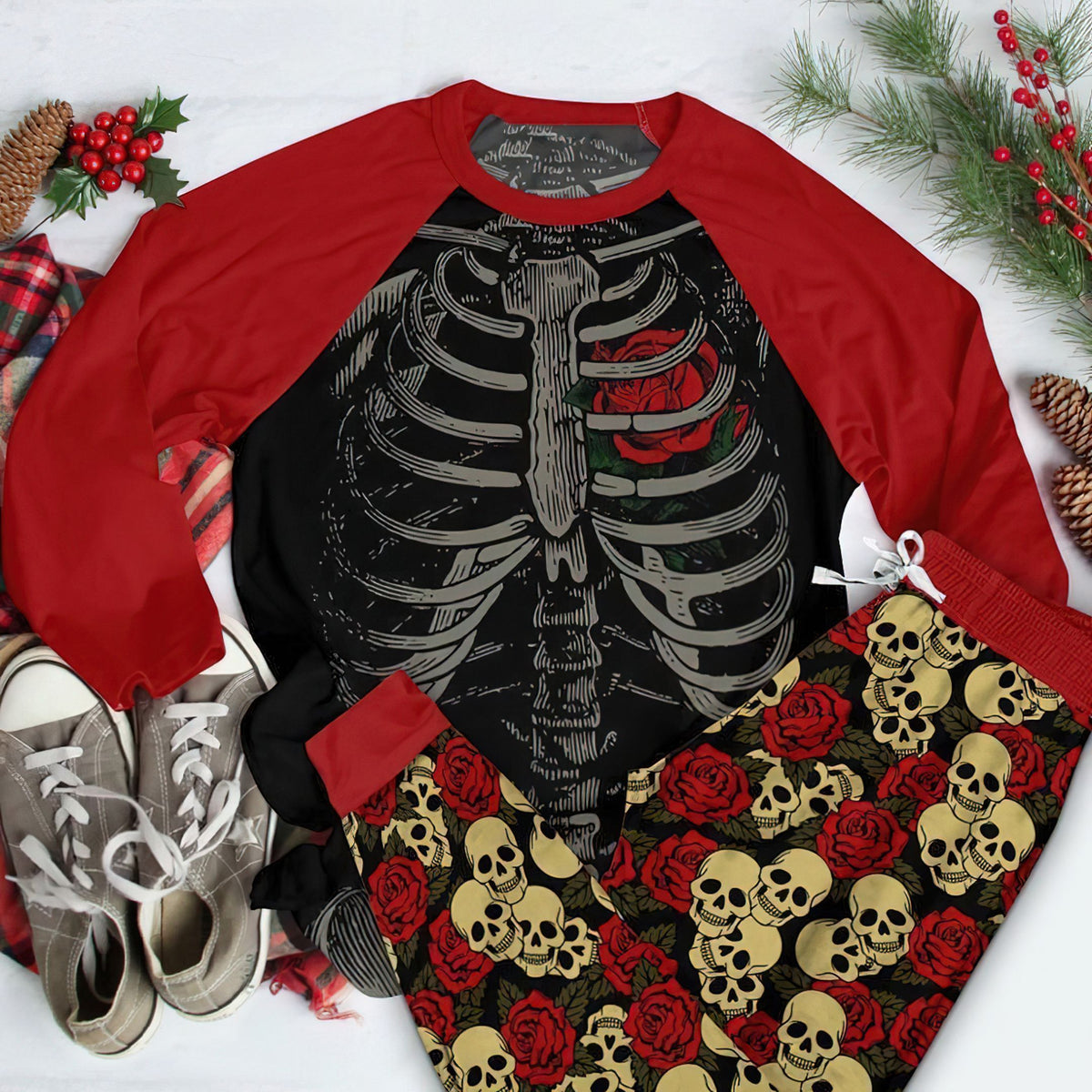 Skull Skull And Roses Abl Pajama Set |Sleepwear Pjs Sets | Raglan Shirt Pants Set