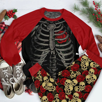 Skull Skull And Roses Abl Pajama Set |Sleepwear Pjs Sets | Raglan Shirt Pants Set