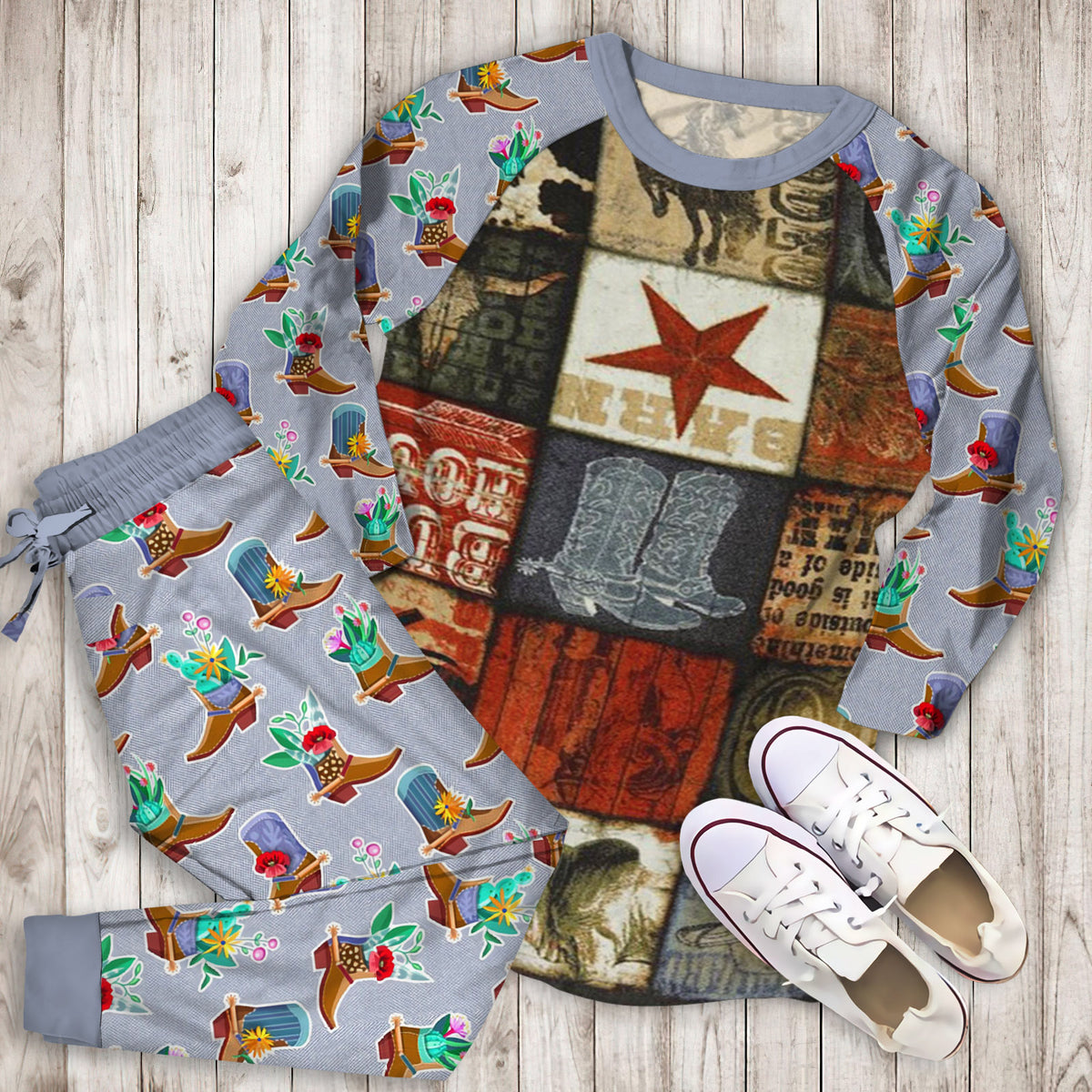 Cowboy Pajama Set | Pajamas | Cotton Sleepwear Sets | Soft Long Sleeve Pjs | Raglan Shirt and Pants Set