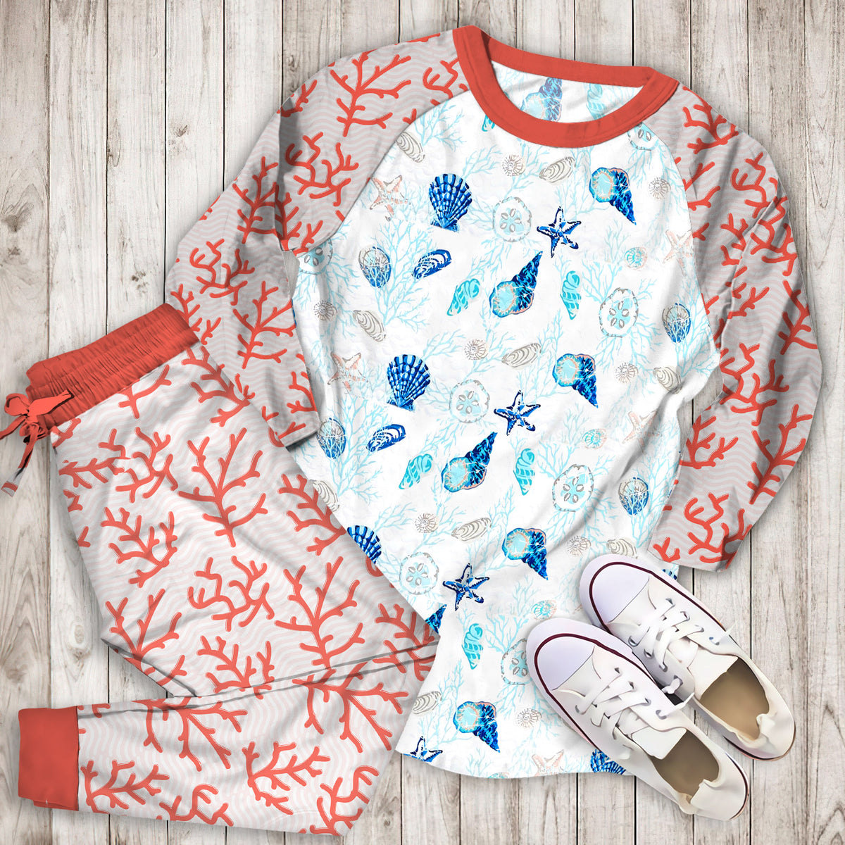 Coral Coastal Pajama Set | Pajamas | Cotton Sleepwear Sets | Soft Long Sleeve Pjs | Raglan Shirt and Pants Set