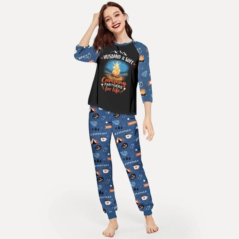 Husband And Wife Camping Aap Pajama Set |Sleepwear Pjs Sets | Raglan Shirt Pants Set